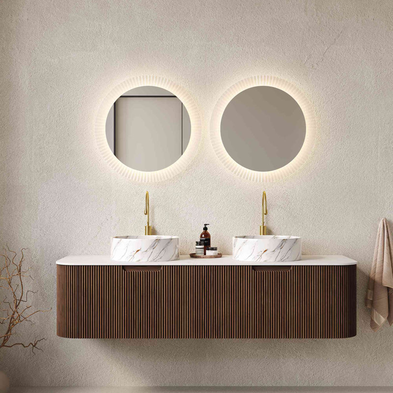 Meuble-lavabo de salle de bain 60 po avec lavabos 60 po, bordures courbées et rayées avec 2 tiroirs, 2 lavabos en céramique blanche avec motif de pierre, pré-assemblé