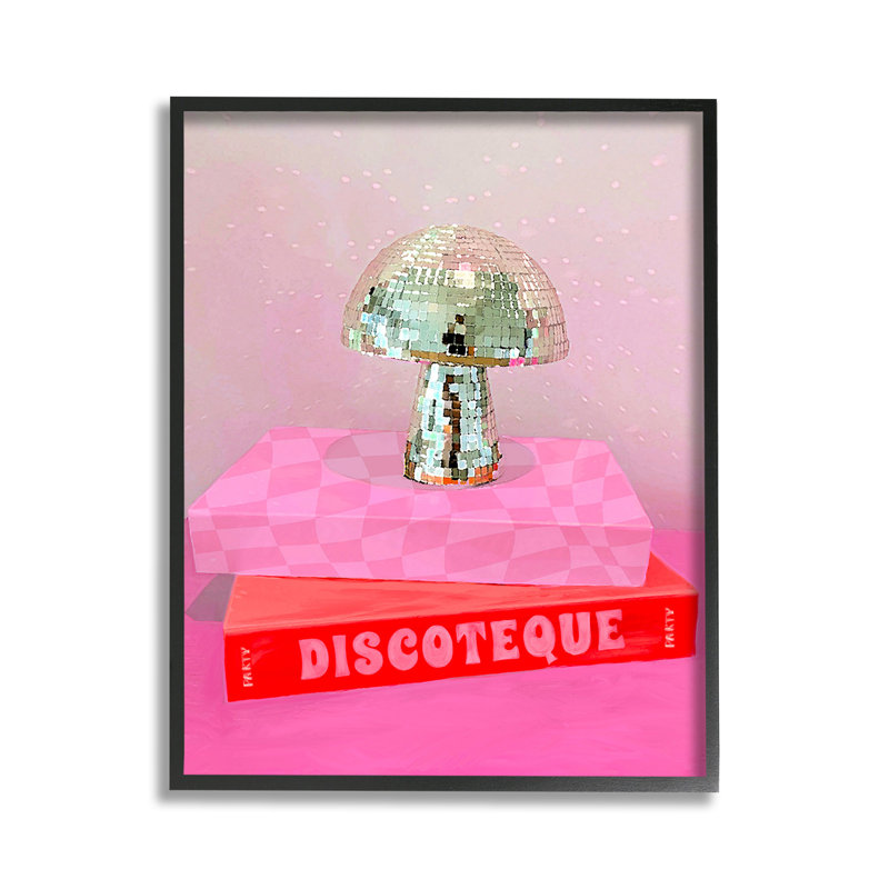 Disco, champignon, livres, estampe numérique, Giclée encadrée noir minuit, H 14 po x l 11 po