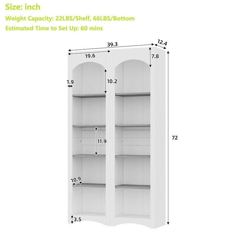 72" Tall Bookcase (Set of 2), White