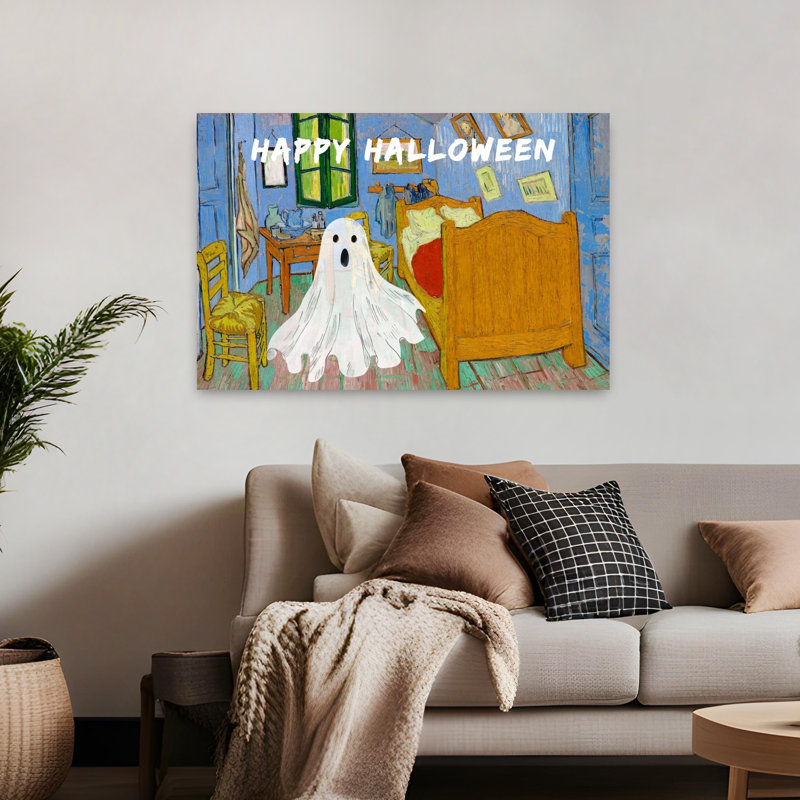 Affiche murale abstraite et contemporaine représentant un fantôme joyeux Halloween dans une chambre à coucher : architecture contemporaine et ludique