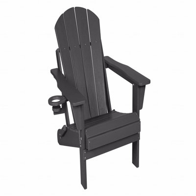 Outdoor Adirondack Chair, Foldable With Dual Cup Holder, Composite Material With Wood Texture, Gray