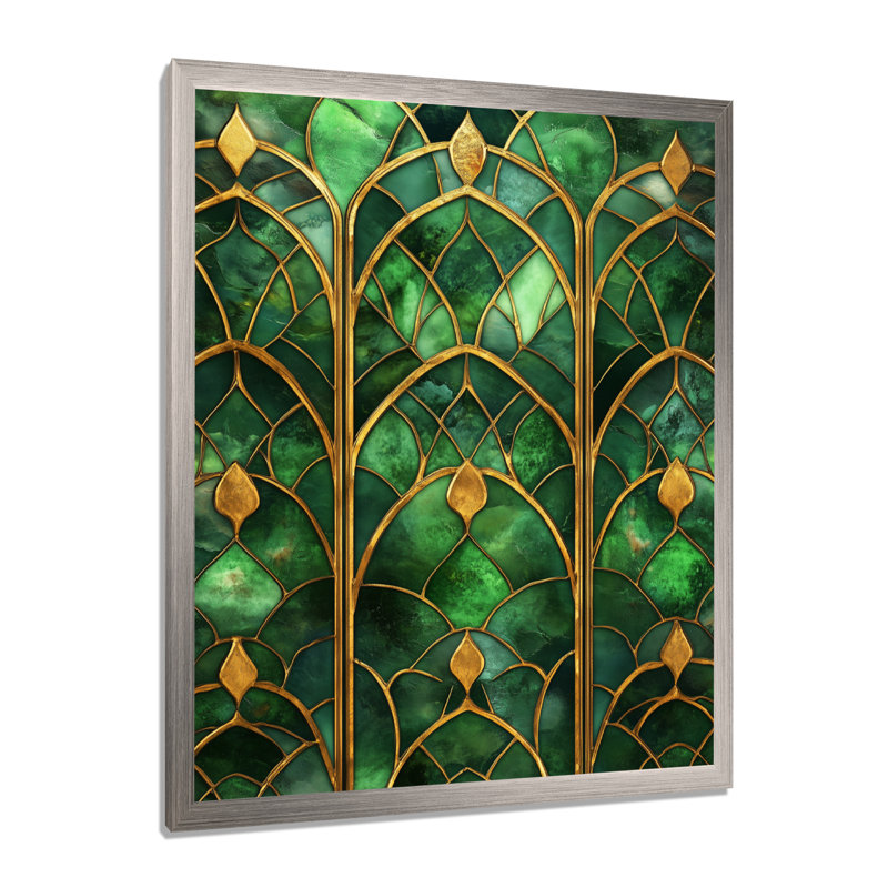 Opulence III - Tableau abstrait Art déco encadré, motif à carreaux or, vert et émeraude, H 44 po x l 34 po