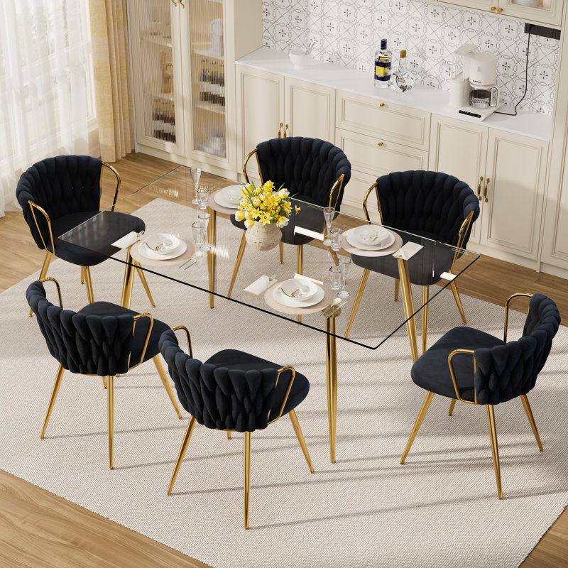 Glass Top Dining Set for 6, Black, 29.5"H x 63"L x 31.5"W