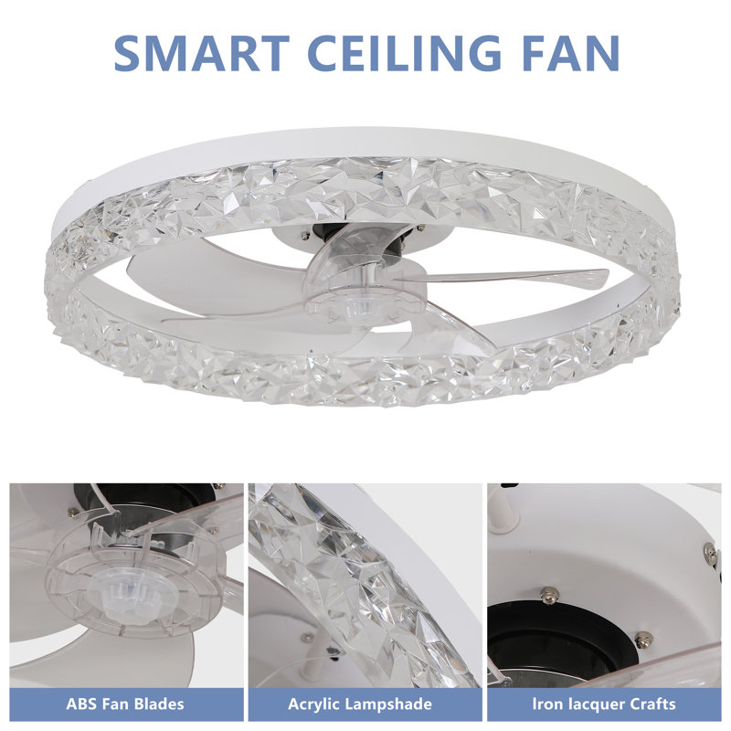 Ventilateur de plafond encastré moderne avec lumière DEL, anneau en cristal, télécommande, éclairage à intensité variable