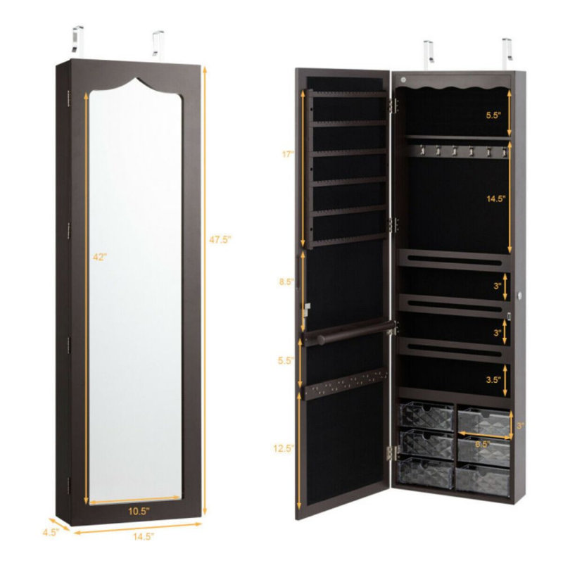 Door Hanging Mirror Jewelry Armoire With Full Length Mirror And 6 Drawers