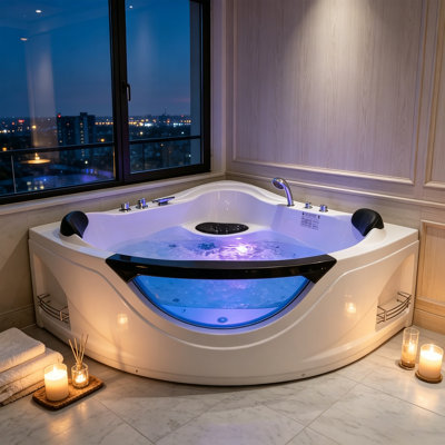 59" Corner Jetted Bathtub for 2 Person with Hydrotherapy Jets LED Light Whirlpool Tub for Bathroom