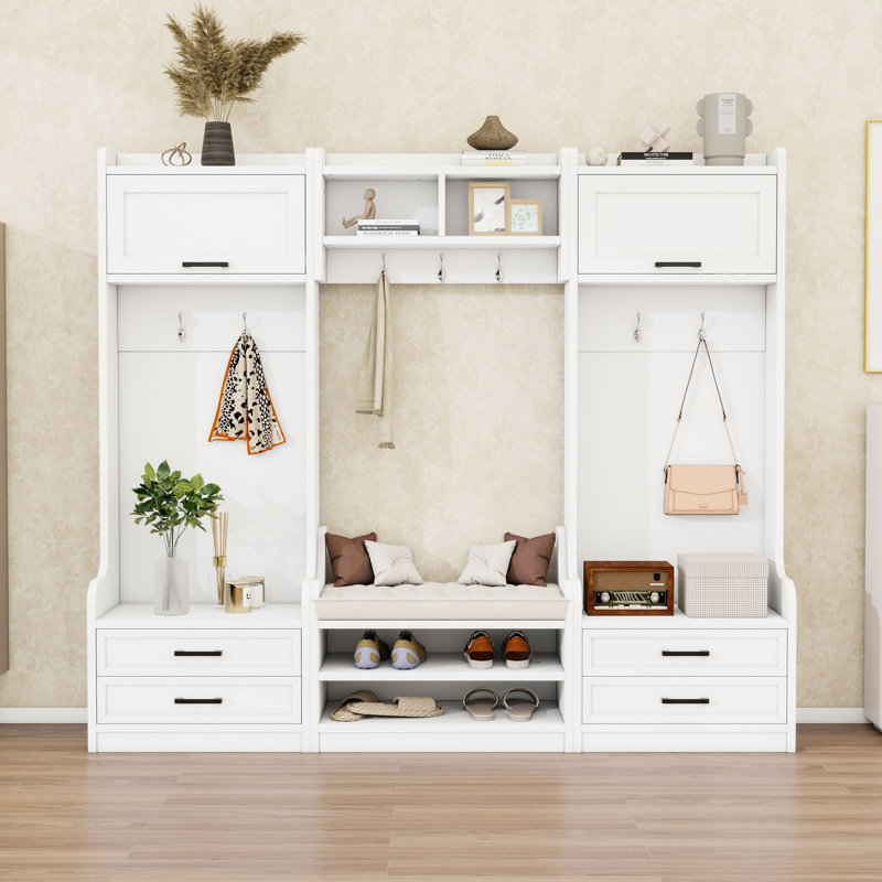Multi-Functional Hall Tree with Storage Cabinets, Drawers and Hooks, White