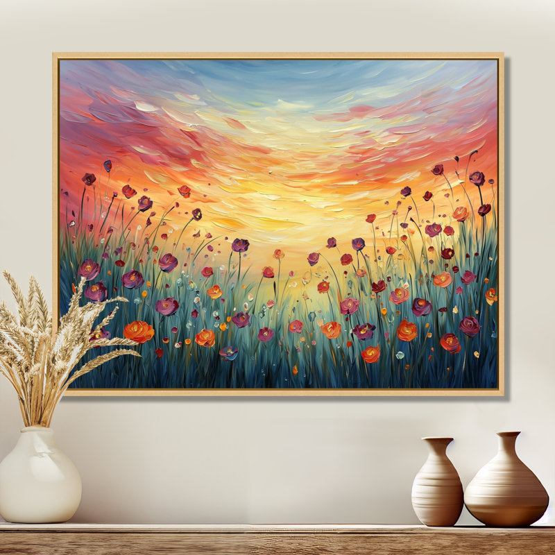Coucher de soleil fleurs sauvages dans la nature I - Art mural fleurs sauvages, H 24 po x l 32 po, Cadre flottant, Naturel