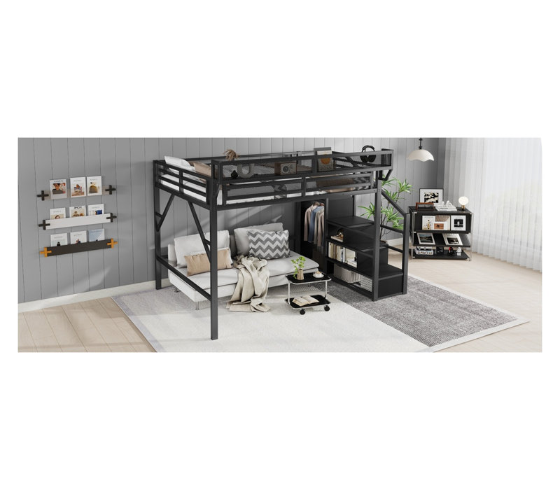 Grand lit mezzanine en métal avec escalier, tablettes de rangement et garde-robe - Grand lit superposé pour adultes, adolescents et enfants