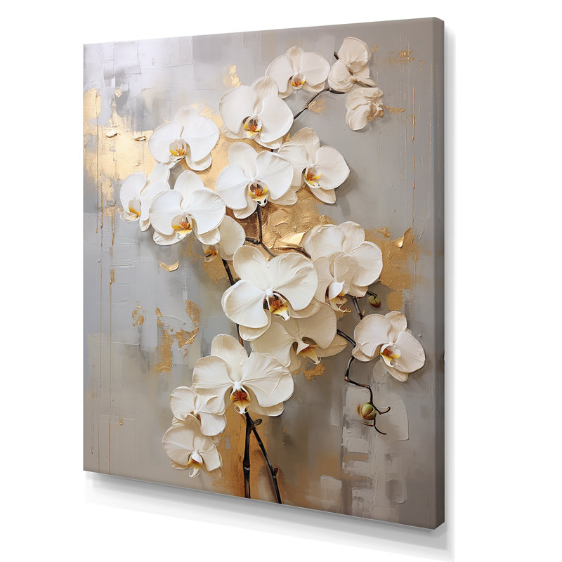 Minimalisme beige et orchidées dorées IV - impression sur toile encadrée orchidée, 32" H x 24" W, Toile tendue