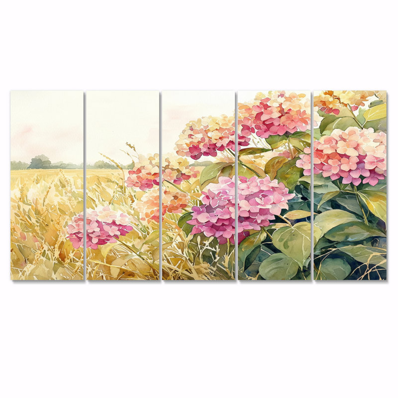 Paysage d'hortensias dans le champ de maïs - hydrangées - Art mural traditionnel, H 32 po x l 80 po, 5