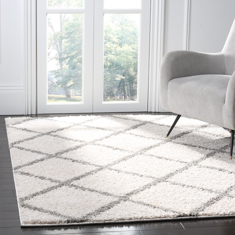 Darrold Shag Performance Geometric Rug, Rectangle 8' x 10', Ultra Plush 1.81", Ivory/Gray