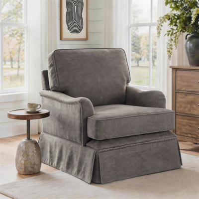 Upholstered Tan Skirted Swivel Accent Arm Chair with Nailhead Trim
