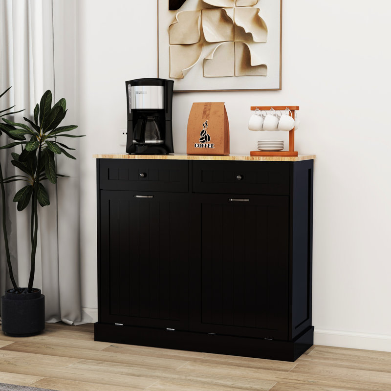Armoire à déchets noire - deux compartiments, unité de rangement moderne à deux poubelles, design