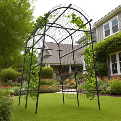 7.5FT Adjustable Metal Garden Arch Trellis with Netting, Sturdy Weatherproof Arbor for Climbing Plants Roses Grapes Vegetables Black