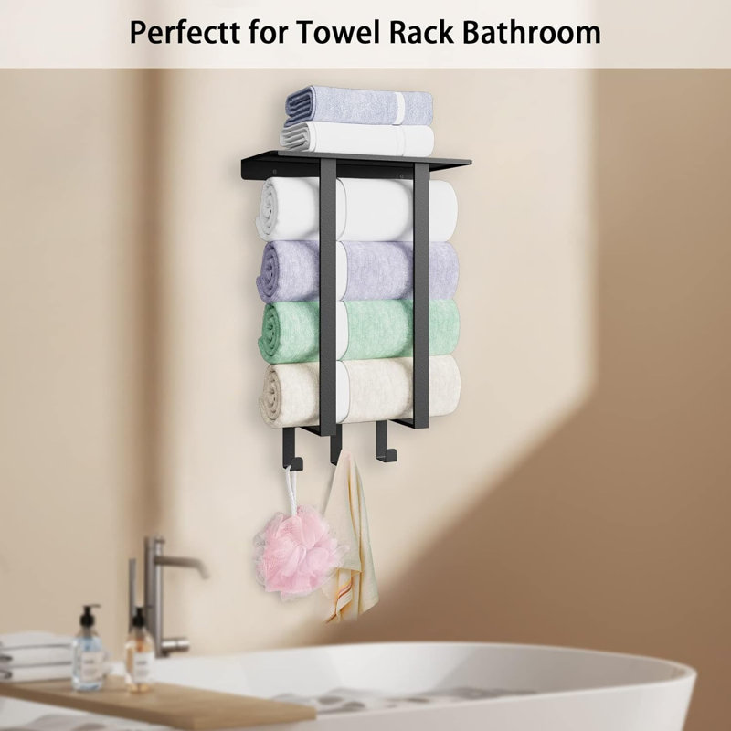 Porte-serviettes de salle de bain avec tablette et 3 crochets - Porte-serviettes mural pour serviettes roulées et articles de toilette