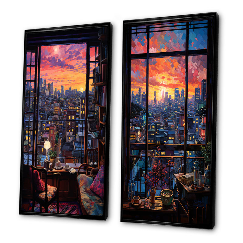 «Night In Tokyo Window View II», ensemble de 2 reproductions d'art mural japonais, H 32 po x l 33 po, Cadre flottant noir