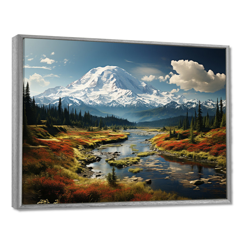 Art mural américain «Mount Rainier» - États-Unis, H 24 po x l 32 po x P 1 po, Encadrement argenté