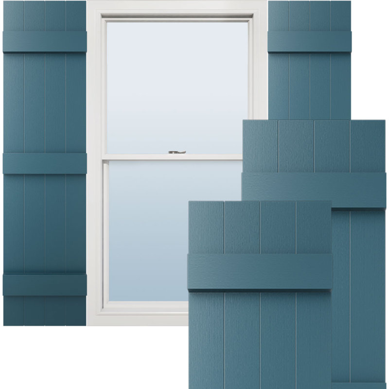 Vinyle à vie, quatre planches jointes TailorMade, volets Board-n-Batten, avec cages à volets, Bleu minuit