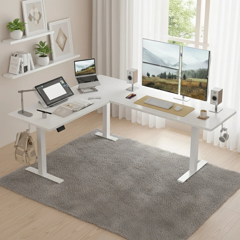 63" L-Shaped Standing Desk with Memory Height Controller, Adjustable Corner Desk for Home Office, White/White