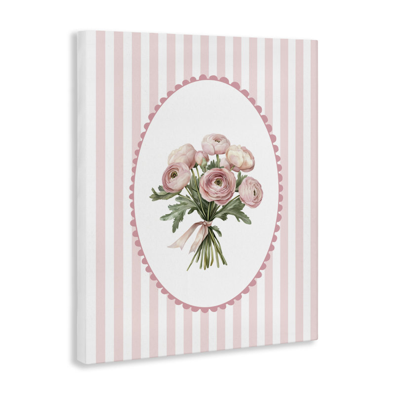 Bouquet de pivoines sur toile à rayures douces, design par Christine Simpson Art, H 30 po x l 24 po