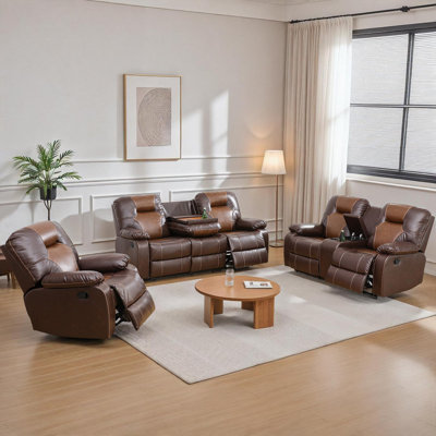 3-Piece Bonded Leather Manual Recliner Sofa Set With Drop-Down Coffee Table,Cup Holders,And Storage Console