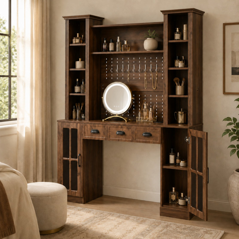 Coiffeuse avec miroir rond à DEL, poste de recharge et organisateur de bijoux, Noyer