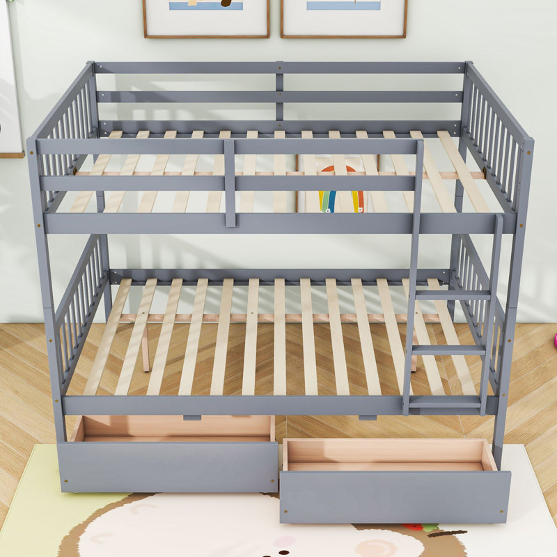 Wood Bunk Bed With 2 Drawers, Gray, Full Over Full
