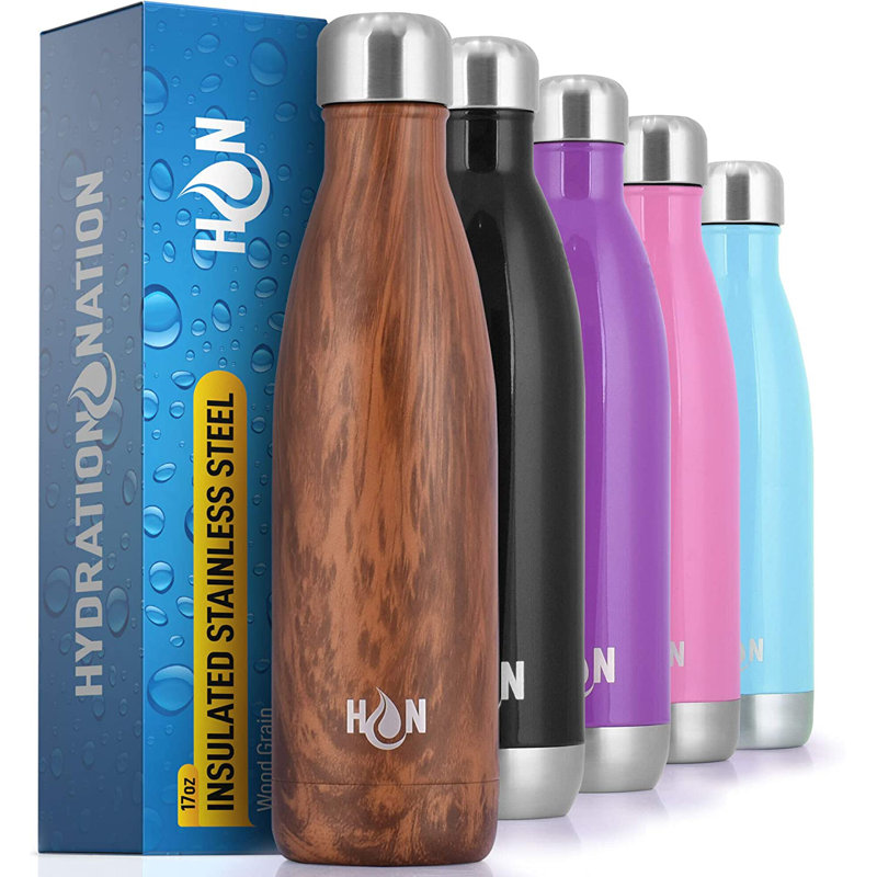Hydration Nation Stainless Steel Water Bottle Double Wall Insulated, Wood Grain, 17oz.