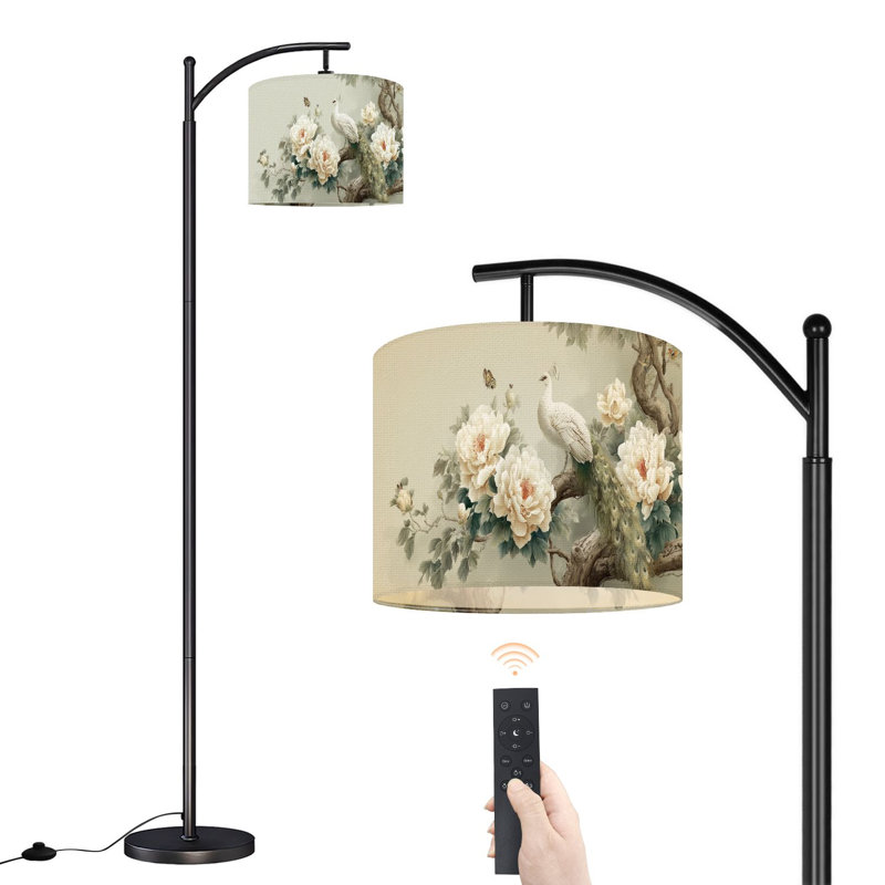 Lampe sur pied à arc avec abat-jour réglable Chinoiserie oiseau d'art animalier jaune paon beige Élégante queue sur pied 3 températures de couleur à haut gradateur avec interrupteur au pied pour la chambre à coucher