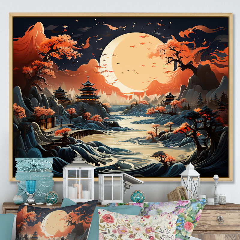«China Mountain and River Landscape Bliss II», art mural Chine, Cadre flottant brun, H 24 po x l 32 po x P 1 po