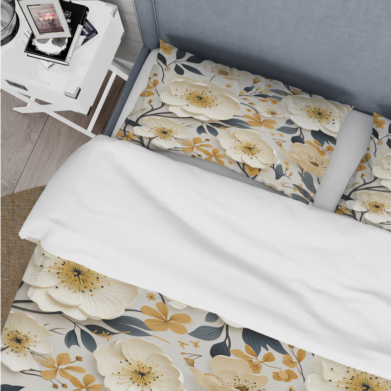 Ensemble de housse de couette Ivory Poppies Playful Blossoms - Floral, Housse de couette pour grand lit et 2 taies décor