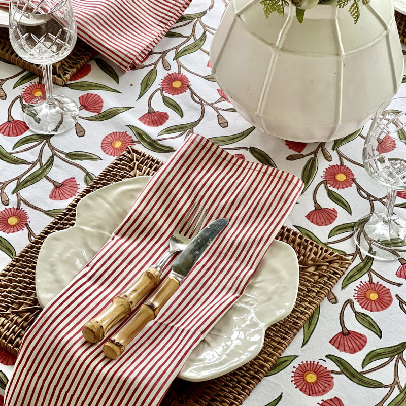 Red Striped Napkins - Block printed, White/Red