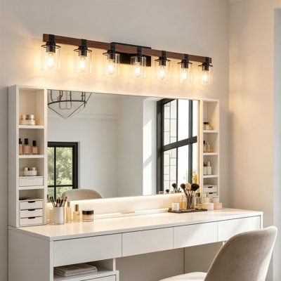 Farmhouse Bathroom Vanity Light, Wood & Black Metal Wall Sconce with Clear Glass Shades, Dimmable E26 Industrial Bathroom Light Fixture