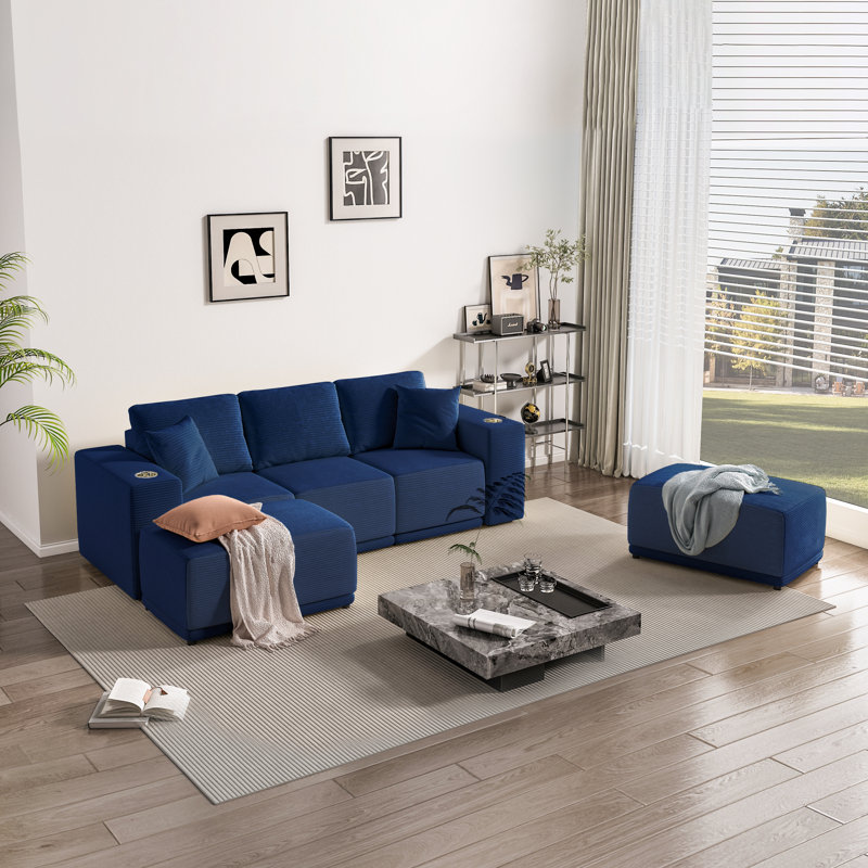 Canapé modulaire en velours côtelé 4 pièces Lesian, Lac bleu