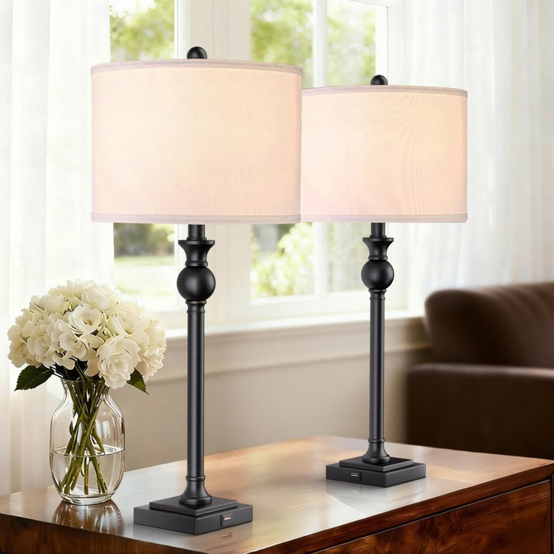 Lampe de table moderne en métal noir 28 "avec port USB et abat-jour empire Augrave, Noir