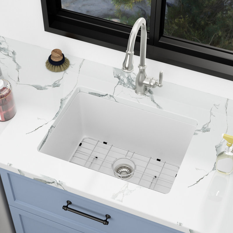 Lavabo de salle de bain à cuve simple à cuve en composite de granite L 24 po x l 18 po x P 12 po Quartz, Blanc