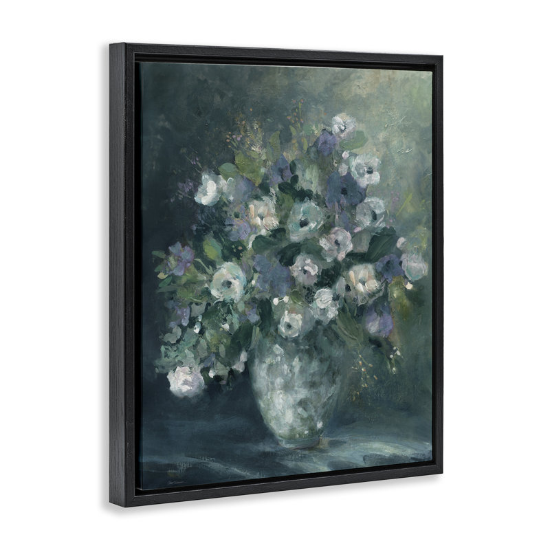 Bouquet complet dans des tons verts, Cadre flottant noir de jais, H 21 po x l 17 po