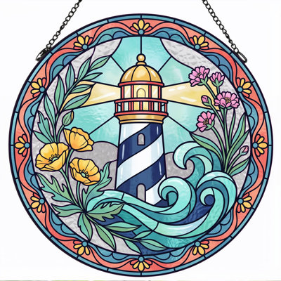 Lighthouse Floral Stained Glass Window Panel，7.8H