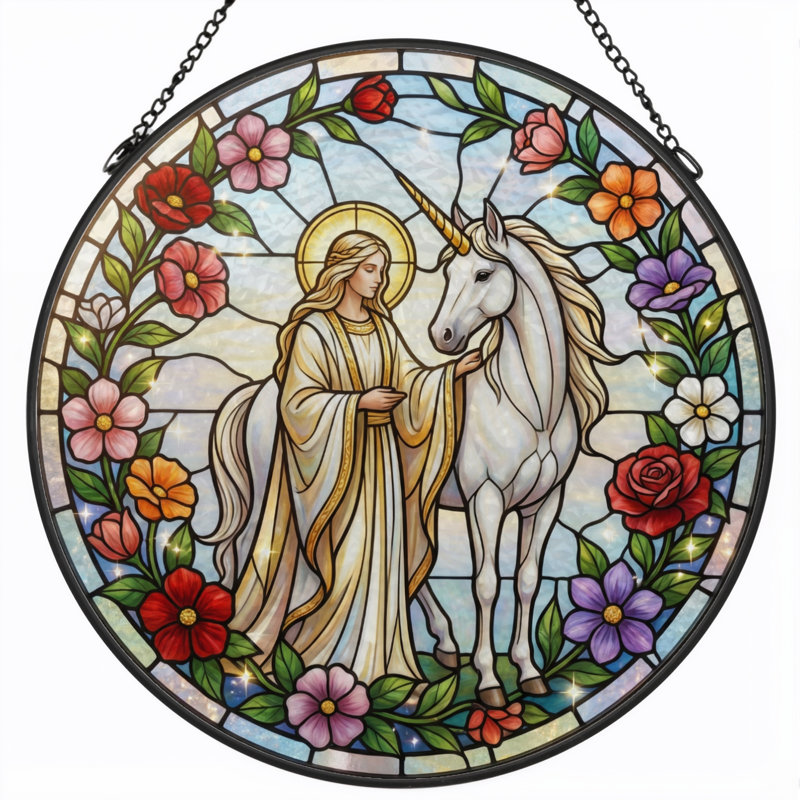 Vitrail Saint And Unicorn ， 12 ", H 12 po