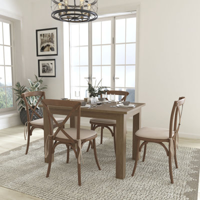 Montana 46" x 30" Antique Rustic Farm Table Set with 4 Cross Back Chairs and Cushions