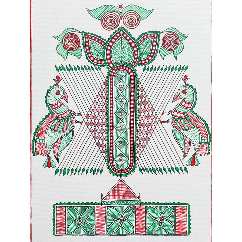 Beaux oiseaux de Madhubani | Acrylique sur papier Brustro | Par Saral Panchal