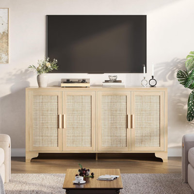 Rattan Sideboard Buffet Cabinet, 62 Inch Storage Cabinet with 4 Doors and Shelves, Modern Farmhouse Accent Table, Wooden Console Table with Storage for Kitchen, Dining Room