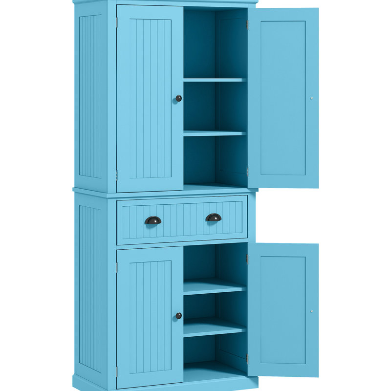 72" Tall Storage Cabinet For Dining Room, Freestanding Kitchen Pantry With Drawer And Adjustable Shelves, Blue Cabinet, 4 Doors, 3 Shelves In Area Grace