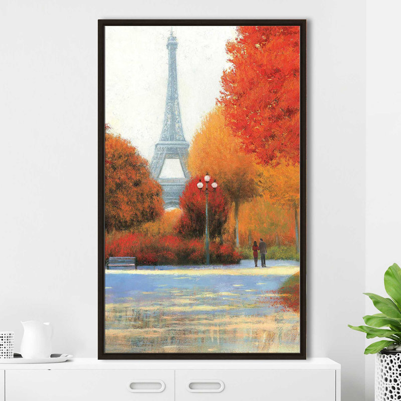 Automne à Paris en couple - Peinture, H 63,5 po x l 39,5 po x P 2 po, Cadre flottant espresso