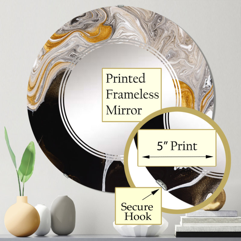 Miroir mural rond noir et blanc liquide Waves IV, 24 po x 24 po