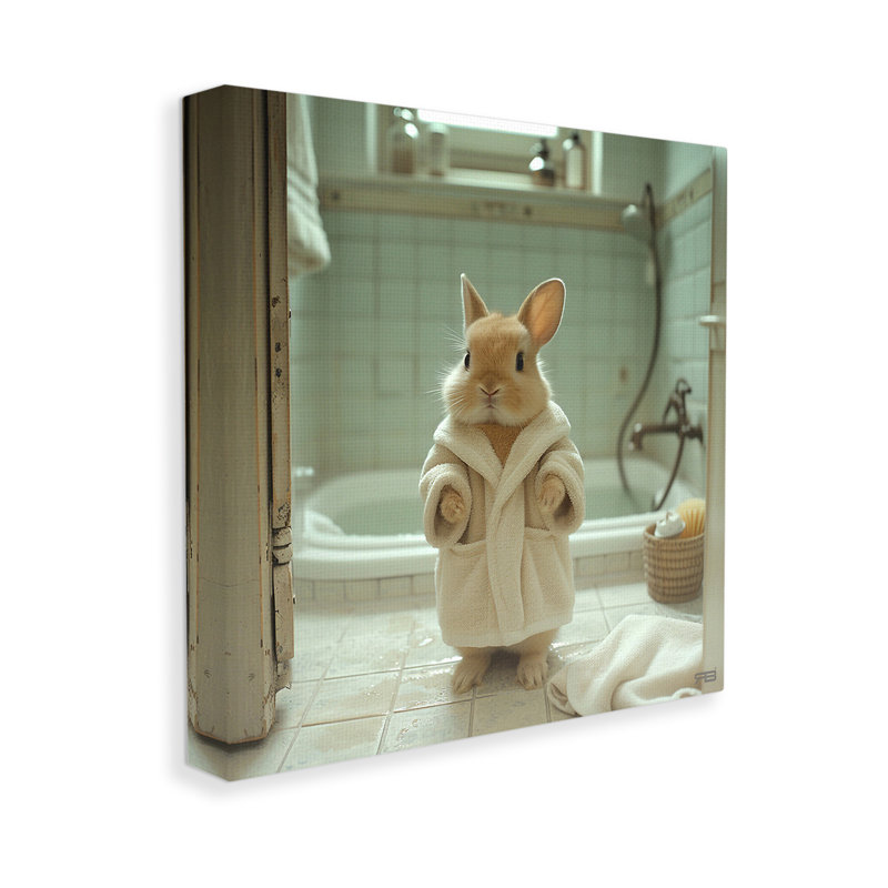 "Lapin en peignoir" par RB sur toile, H 30 po x l 30 po