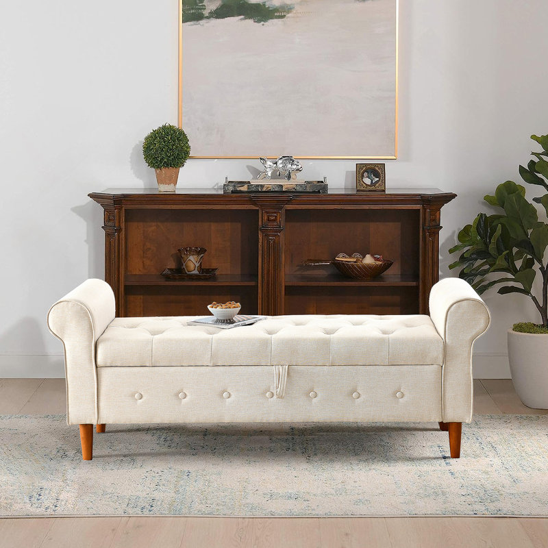 62" Bedroom Tufted Button Storage Bench, Modern Fabric Upholstered Ottoman, Window Bench with Rolled Arm Design, Beige