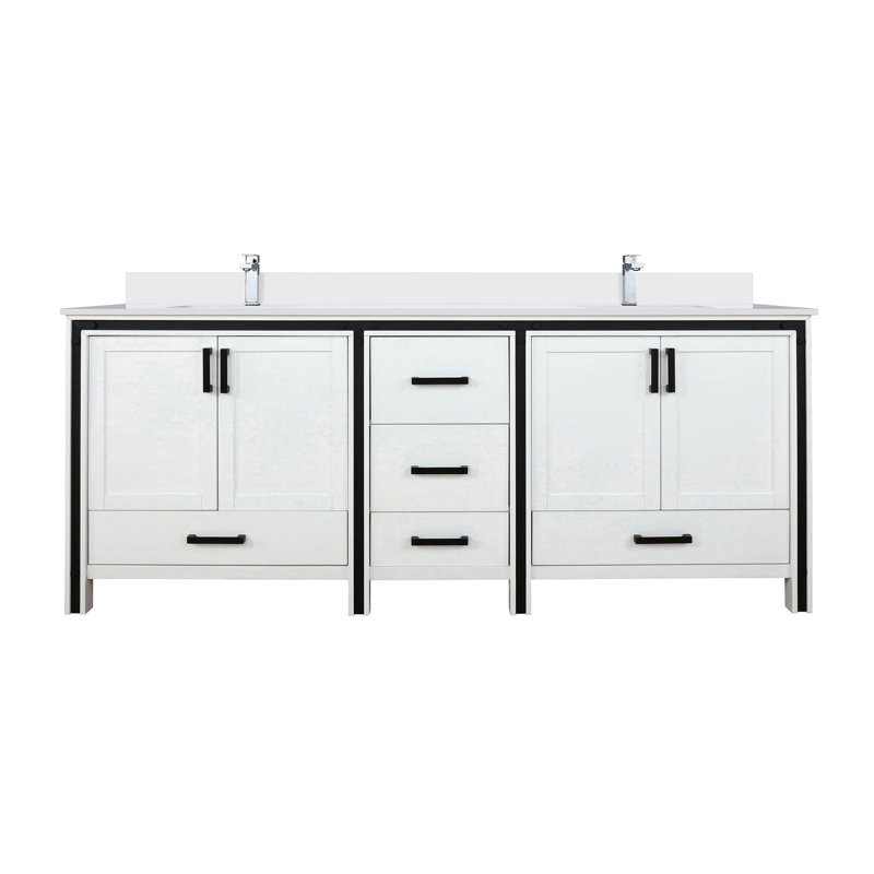 84 po L x P 22 po Meuble-lavabo blanc avec comptoir Scratch - comptoir en quartz et robinet - rangement à fermeture en douceur pour les fournitures de salle de bain