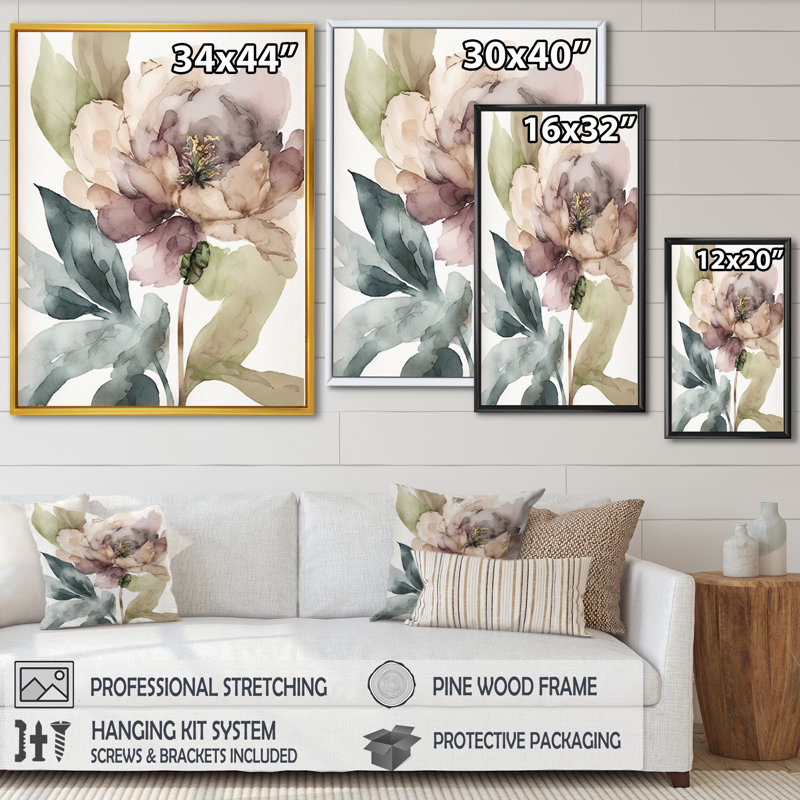 «Blooming Peony in Grey Earth Tones II», reproduction sur toile, H 32 po x l 24 po x P 1 po, Toile à cadre flottant doré